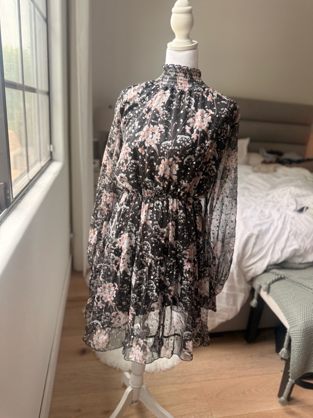 Floral High-Neck Mini Dress in Black and Pink